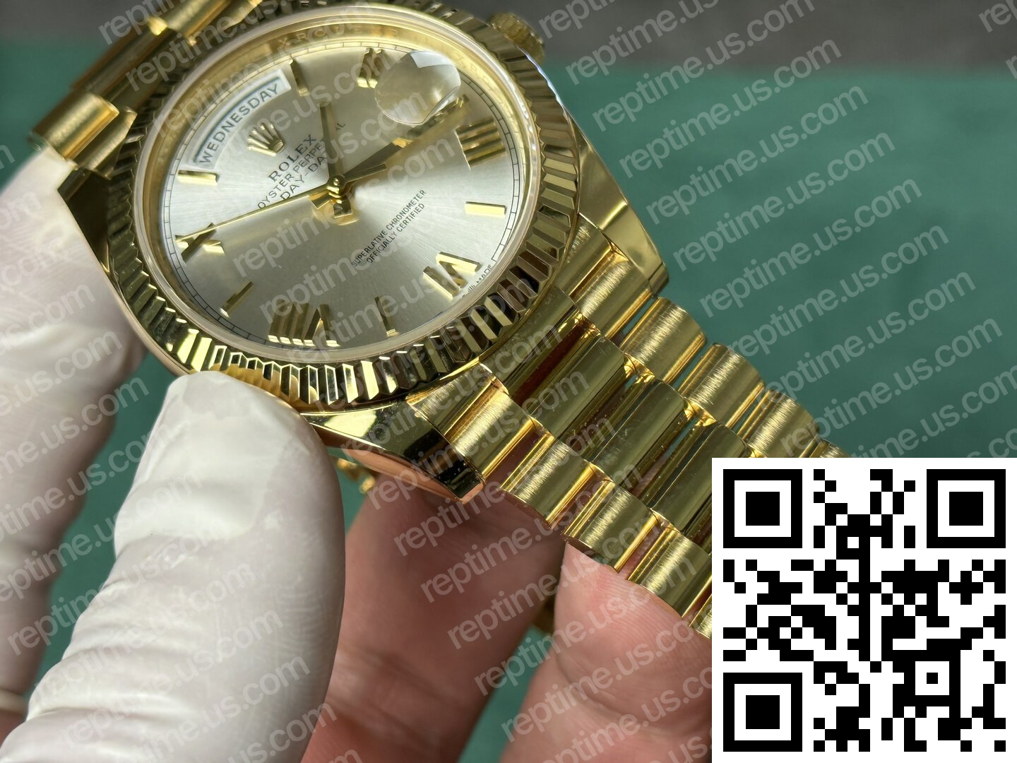 Custom Made 18k Yellow Gold Plated Rolex Day Date Silver Dial 40mm M228238-0002 - Image 6