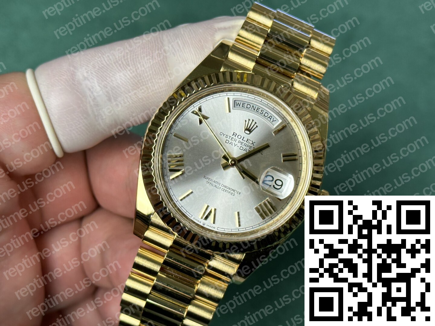 Custom Made 18k Yellow Gold Plated Rolex Day Date Silver Dial 40mm M228238-0002 - Image 2