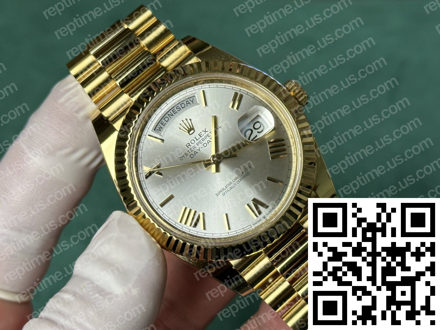 Custom Made 18k Yellow Gold Plated Rolex Day Date Silver Dial 40mm M228238-0002 - Image 3