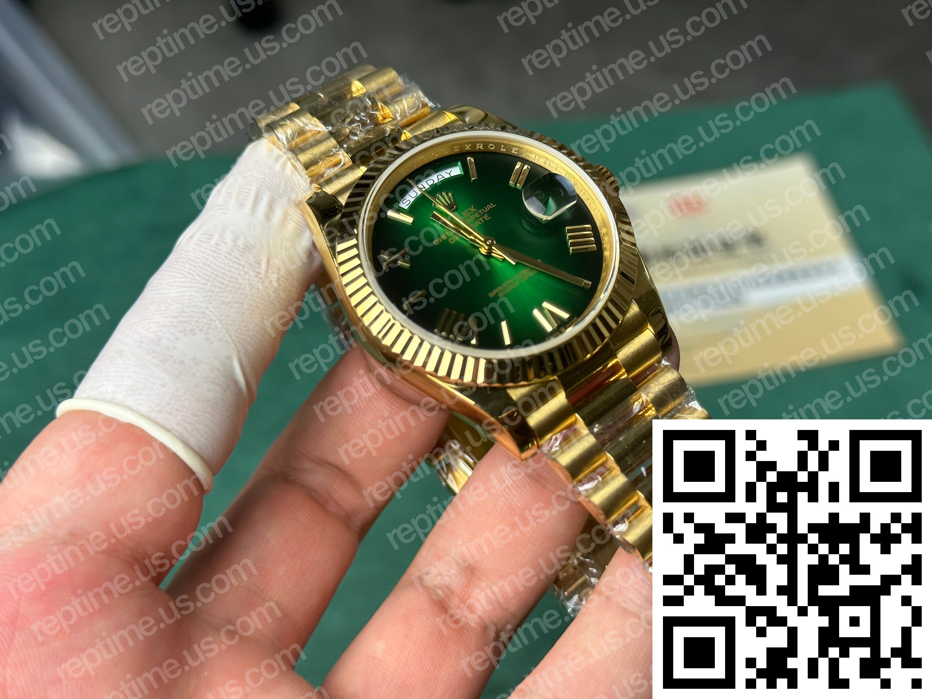 Custom Made 18k Yellow Gold Plated Rolex Day Date 40mm Green Ombre Dial 2024 - Image 2