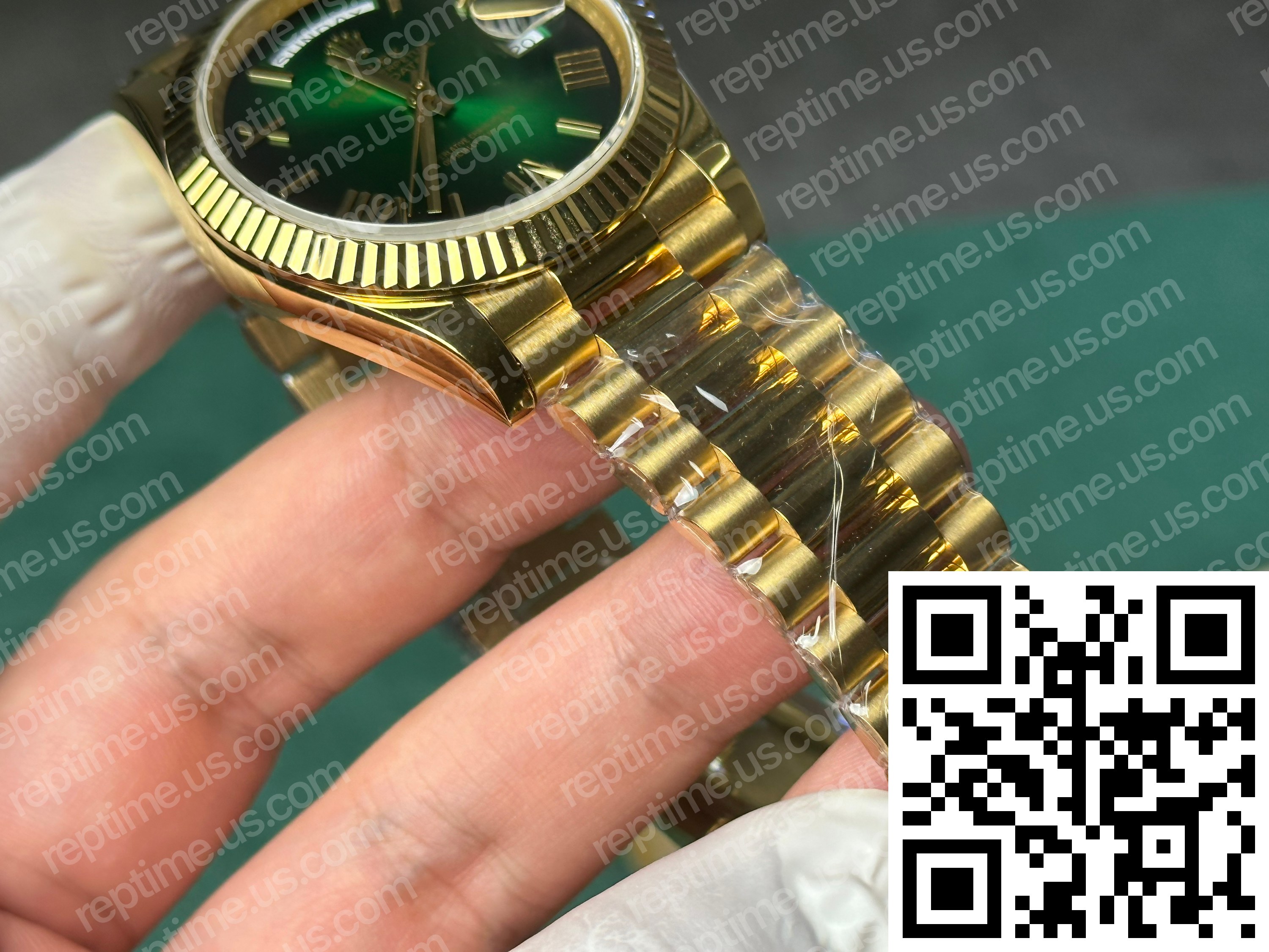 Custom Made 18k Yellow Gold Plated Rolex Day Date 40mm Green Ombre Dial 2024 - Image 5