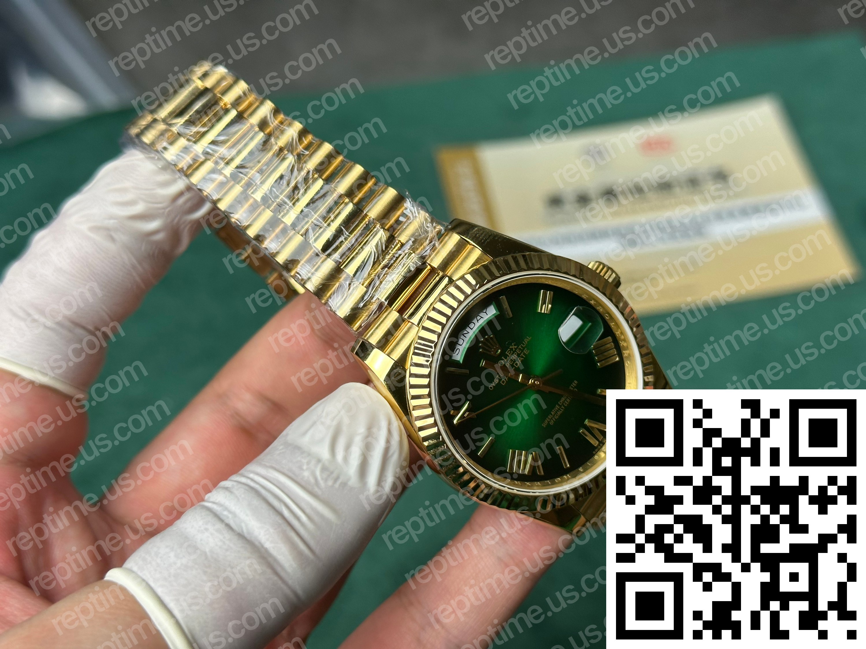 Custom Made 18k Yellow Gold Plated Rolex Day Date 40mm Green Ombre Dial 2024 - Image 10